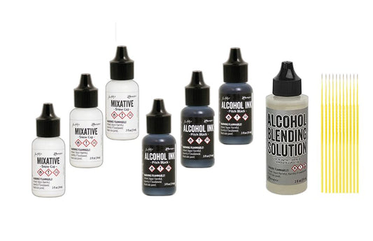 Ranger Tim Holtz Mixative Bundle - Acid Free Pigment Inks- with Trebbies Detail Sticks (3 Snow Cap and 3 Pitch Black Ranger Mixatives, One 2 oz Alcohol Ink Blending Solution) - color: 3 Snowcap & 3 Pitch Black
