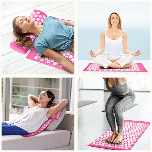 Fitvids Acupressure Mat and Pillow Set for Back/Neck Pain, Acupuncture Products to Relieve Muscle Fatigue, Improve Insomnia for Sedentary People, Acupuncture Eases Stress, Massage Mat, Pink - style: Pink