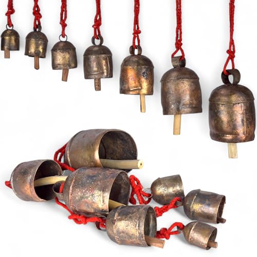 Handmade Rustic Bells Wind Chimes for Outside 7 Hanging Bells on Rope, Brass-Coated Iron Bells for Door, Outdoor Patio, Farmhouse Decor, Christmas Ornaments, Boho Hanging Bell, Vintage Wind Bell 55" - color: 7-bell Harmony Chime