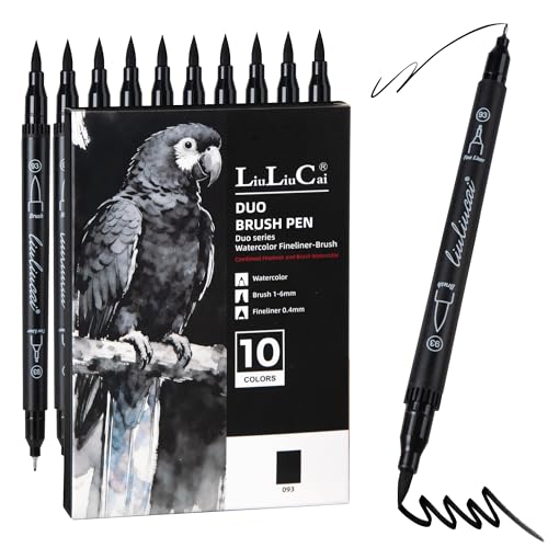 LIULIUCAI 10 Black Dual Tip Markers, Fine & Brush Tip Pens for Coloring | Jet Black Markers for Adult Coloring, Artist Drawing Pen for Journal Sketching Manga Calligraphy Illustration, No Bleeding - color: 10 Black