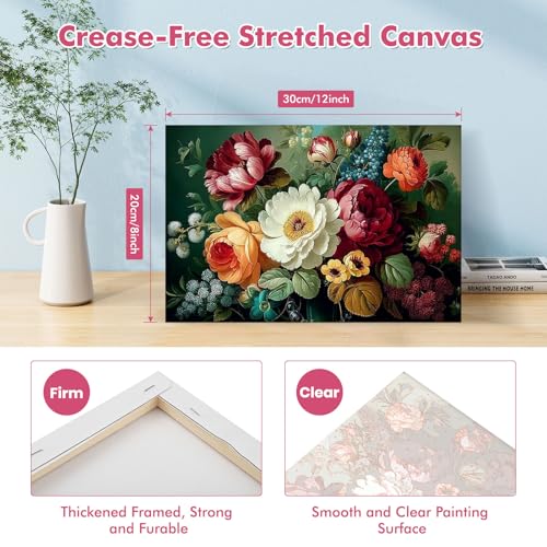Bowetile Framed Paint by Numbers Flower Kit for Adults, Adults' Paint-by-Number Kits on Canvas, Painting by Numbers Floral, Acrylic Flowers Number Painting Gifts for Home Wall Decor, 12x8in - color: Flowers