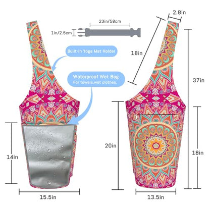 Mandala Yoga Mat Bag with Large Waterproof Zipper Pocket and Drawstring Pocket Long Tote Yoga Mat Carrier Holder Bags Fit Most Size Mats - color: Pink