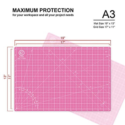 KC GLOBAL A3 (18"x12") Self-Healing Cutting Mat (Pink) - Sturdy, Reversible, Eco-Friendly, Non-Slip. Premium Desk Mat for Crafters, Quilters, and Hobbyist - color: Pink, size: 18"L x 12"W