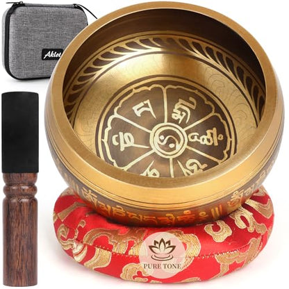 AKLOT HandMade Meditation Singing Bowl: Tibetan Sound Bowl Set with Pure Tone, Sound Bath Bowl with Cushion, Mallet, Carry Bag, Spiritual Gift for Chakra Clearing, Yoga, Prayer, Relaxation (5 Inch) - color: 5 inch Flower