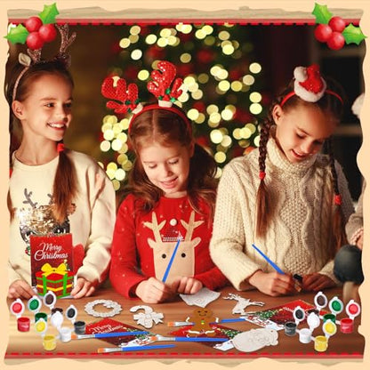 Saypacck 24 Pcs Christmas Party Favors Wooden Paint Craft Kits | DIY Painting Crafts with Brush Organza Bags, Christmas Stocking Stuffer Gifts, Festive Ornament Shapes - style: Christmas