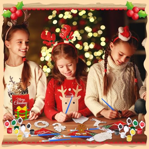 Saypacck 24 Pcs Christmas Party Favors Wooden Paint Craft Kits | DIY Painting Crafts with Brush Organza Bags, Christmas Stocking Stuffer Gifts, Festive Ornament Shapes - style: Christmas