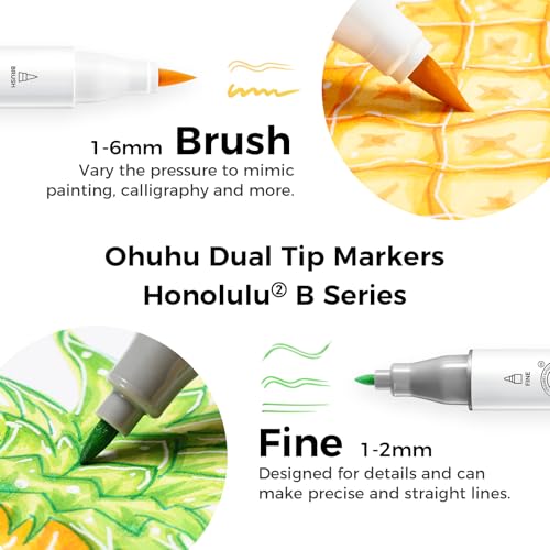 Ohuhu Alcohol Markers Brush& Fine 24 Colors for Adults Coloring Refillable | AP Certified Refillable Art Marker Set Dual Tips Alcohol-based for Artist Beginner Drawing Illustration Sketching Honolulu 2B