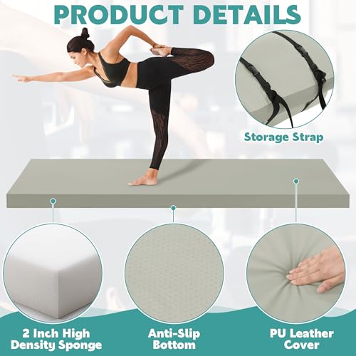 MABOZOO 2 Inch Thick Yoga Mat, 72''x24'x2" Foldable Extra Thick Exercise Mat Gymnastics Mat with PU Leather, Padded Yoga Mat Fitness Mat for Yoga, Pilates, Stretching - color: Gray