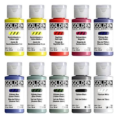 GOLDEN Fluid Acrylics Mixing Set, 10 x 30 ml Bottles | Mix an extensive range with this limited palette of flowing, richly pigmented artist grade colors.