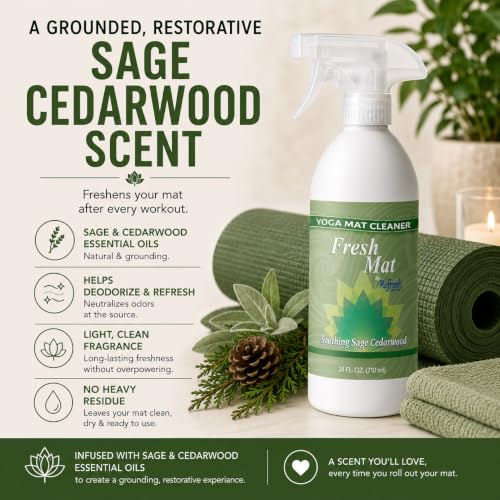 Fresh Mat Yoga Mat Cleaner Spray - Natural Deodorizing Cleaner for Yoga Mats & Fitness Equipment - No-Rinse, Residue-Free Formula with Witch Hazel & Essential Oil, Soothing Sage Cedarwood (24 fl oz). - size: 24 Fl Oz (Pack of 1)