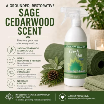 Fresh Mat Yoga Mat Cleaner Spray - Natural Deodorizing Cleaner for Yoga Mats & Fitness Equipment - No-Rinse, Residue-Free Formula with Witch Hazel & Essential Oil, Soothing Sage Cedarwood (24 fl oz). - size: 24 Fl Oz (Pack of 1)