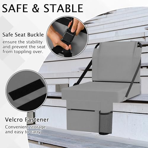 2pcs Stadium Seat for Bleachers with Back Support，Portable Bleacher Chairs with Back and Cushion，Includes Shoulder Strap and Cup Holder - color: Grey,2 Pack