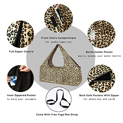 Yoga Mat Bag - Large Yoga Bag with Yoga Mat Strap, Zipper and Pockets - Yoga Bags and Carriers Fits All Your Stuff - Personalized Yoga Mat Bags for Women Fits Most Size Mats - color: Leopard Print