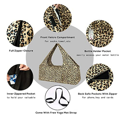 Yoga Mat Bag - Large Yoga Bag with Yoga Mat Strap, Zipper and Pockets - Yoga Bags and Carriers Fits All Your Stuff - Personalized Yoga Mat Bags for Women Fits Most Size Mats - color: Leopard Print