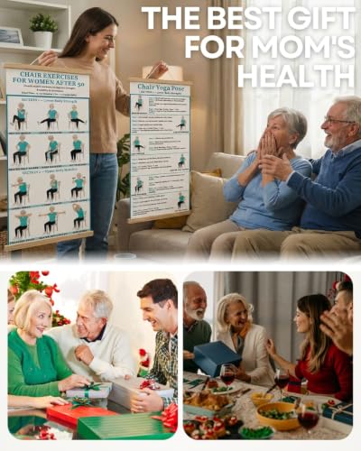 2PC-Chair Yoga & Seated Exercise Poster for Seniors & Beginners ,Extra Large Font Fabric Wall Chart with Hanging Rod & String , Durable Foldable Guide for Home/Office (Lower Body Strength & Upper Body Mobility) (off-white)