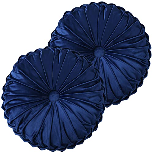 HIG Set of 2 Navy Velvet Decorative Round Pleated Throw Pillows - color: Navy