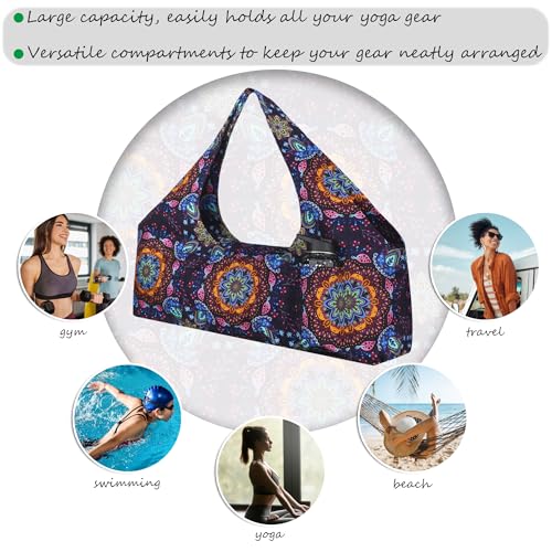 Large Yoga Mat Bag Yoga Bags and Carriers Fits All You Stuff Yoga Tote Bag with Yoga Mat Strap, Elastic Pockets and Zipper Pockets - color: purple yellow