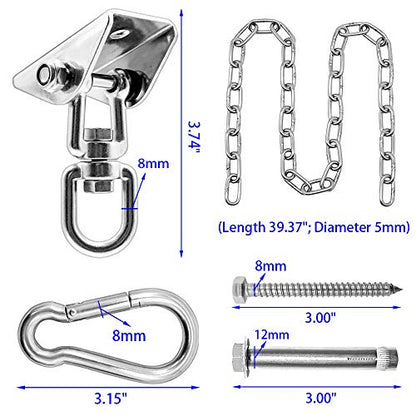 Hammock Hanging Kit with Swing Chain 39inch, 1000lbs Capacity Hanging Hooks Heavy Duty 360° Swivel for Yoga, Chair, Tree, Indoor & Outdoor Gym