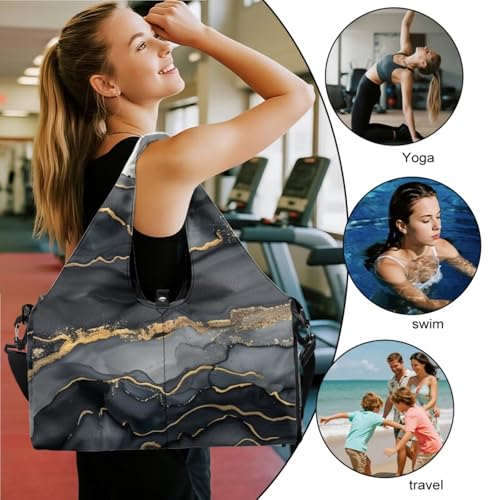 Yoga Gym Bag with Removable Adjustable Shoulder Strap, Shoe Compartment & Top Yoga Mat Holder 17.72x8.66x9.84in - color: Black Marble Textured Print