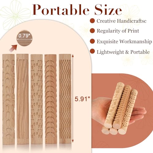 Wooden Handle Pottery Tools Clay Modeling Pattern Rollers, Brown | Clay Texture Rollers Set of 5 - color: Set of 5