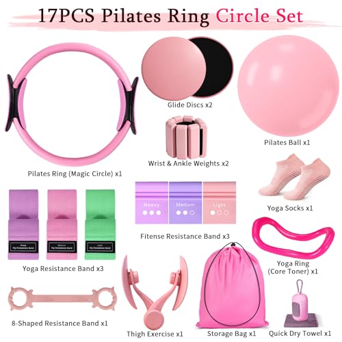 Pilates Essentials Kit for Women 15 Pcs Pilates Equipment for Home Workouts with Yoga Circle Ball Ring, 5 Resistance Bands,Pedal Puller Resistance Band,Anti Slip Socks for Starter Set
