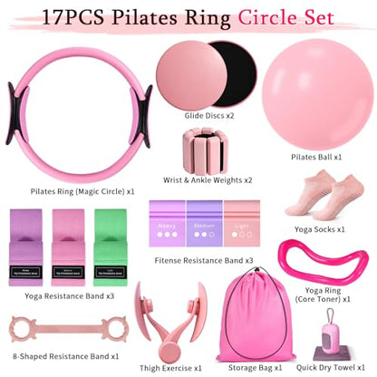 Pilates Essentials Kit for Women 15 Pcs Pilates Equipment for Home Workouts with Yoga Circle Ball Ring, 5 Resistance Bands,Pedal Puller Resistance Band,Anti Slip Socks for Starter Set