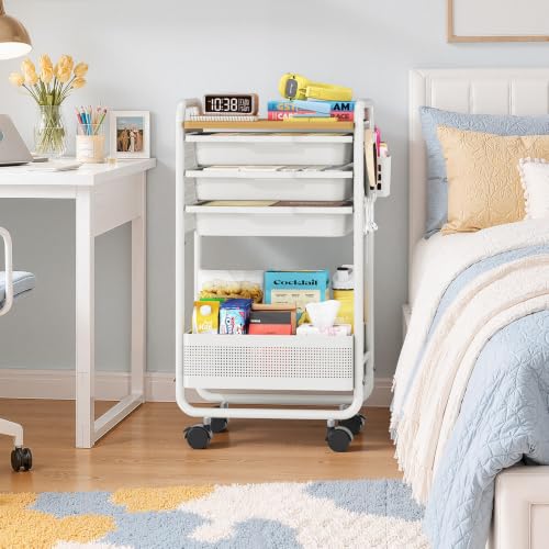 Metal Rolling Storage Cart with 3 Drawers - Utility Cart on Wheels with Pegboard & Wood Tabletop, Multifunctional Trolley Organizer with Hooks & Bin for Living Room,Bedroom,Craft Room,Office,Kids Room - color: Whtie