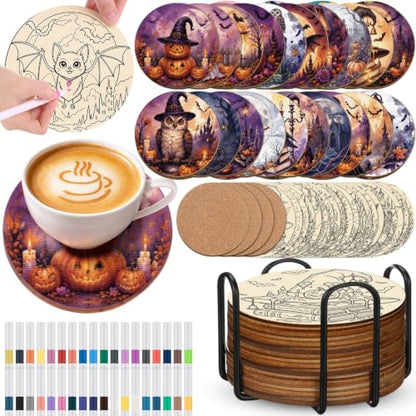 Reallnaive 77 Pcs Halloween Coasters Painting Kit, 20 Set Wooden Drink Coasters 4 Inch with Holder & Markers Boho DIY Crafts for Adults, Women, Hobby, Color Your Own Art Craft Supplies - style: Halloween