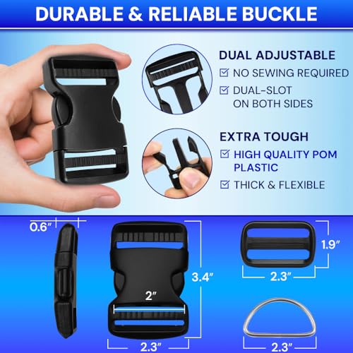 TECEUM 2" Nylon Strap Kit with Buckles, Black 6 yards Repair Set | Heavy duty hardware kit: 6yd webbing, 6 quick release buckles, 12 tri-glide slide clips, 6 metal D-rings for crafting. - color: Black, size: 2" - 6 yards, style: 6 Buckle - 12 Slides - 6 D