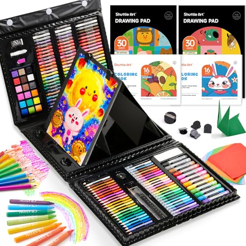 Shuttle Art 335 Piece Kids Art Set, Multi-Media Art Supplies, Gift Art Kit with Trifold Easel, 2 Drawing Pads, 2 Coloring Books, Oil Pastels, Crayons, Watercolors, Markers, Colored Pencils (Black) - color: Black-335 Piece