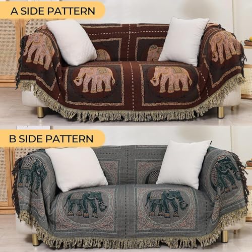 Elephant Pattern Cotton Boho Throw Blanket for Bed with Tassels 90"×98" - color: Brown Elephant, size: 90"x98"