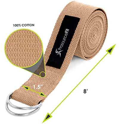 ProsourceFit Metal D-Ring Yoga Strap 8’ Durable Cotton for Stretching and Flexibility - color: Beige