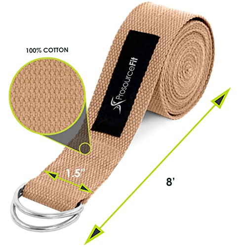 ProsourceFit Metal D-Ring Yoga Strap 8’ Durable Cotton for Stretching and Flexibility - color: Beige