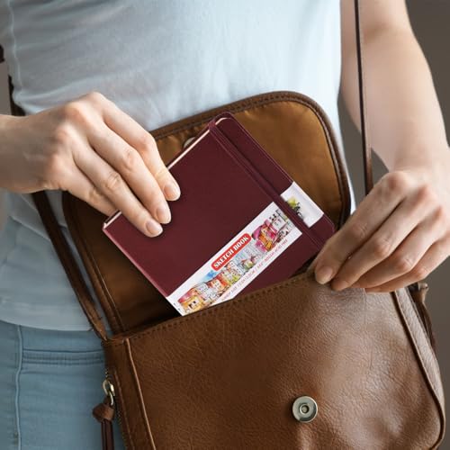 5x5 Pocket Sketch Book,80gsm Hardcover Art Sketchbook for Drawing Journal | PU Cover,Blank Paper,96Sheets/192Pages,Lay-Flat,Portable Travel Creation Paint Diary Memo Planner,Dry Media.Dark Red - color: PU Cover-5x5in-Dark Red