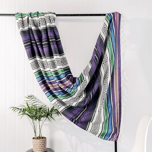 Mexican Blanket Throw with Tassels, 69 x 51 Inches Large Woven Serape Blanket, Boho Striped Picnic Yoga Beach Blanket, Soft Durable Tribal Falsa Blanket for Couch Outdoor Travel - Purple-Blue - color: Purple-blue