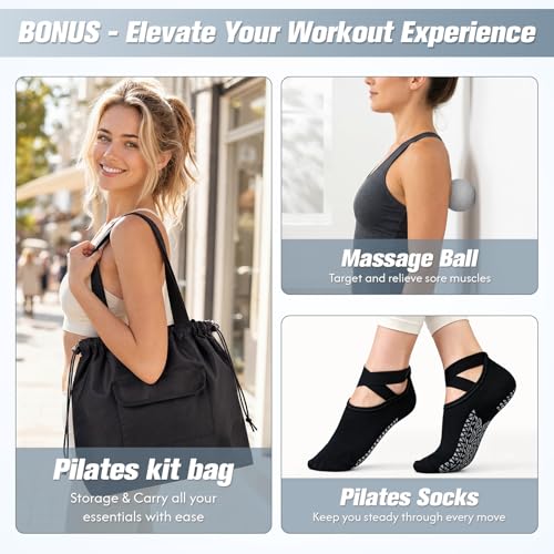 GINMIC Pilates Kit, Pilates Equipment for Home Workouts, at Home Pilates Set with Complete Accessories: Pilates Ring, Pilates Ball, Long and Loop Resistance Bands, Socks, Massage Ball, Guide & Bag - color: Black & Gray