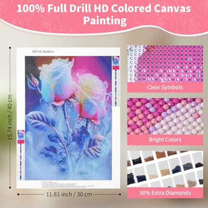 12"x16" Large Diamond Art Kit for Adults: Elegant Rose Flower Round Drill Painting - 5D Full Drill Diamond Art Flowers Beginner DIY Craft with Extra 30% Diamonds (Red and Blue Roses) - color: Dreamy Blue Rose