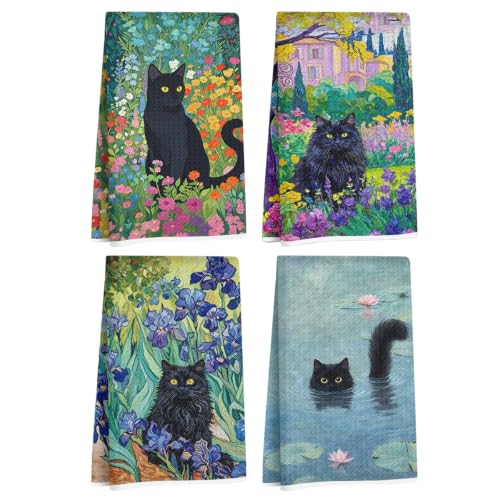Jztco 4 Pcs Cute Cat Kitchen Towels, Floral Cats Absorbent Hand Tea Towel - color: Multi 1560