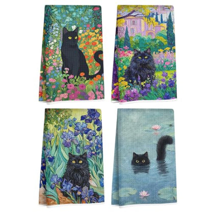 Jztco 4 Pcs Cute Cat Kitchen Towels, Floral Cats Absorbent Hand Tea Towel - color: Multi 1560