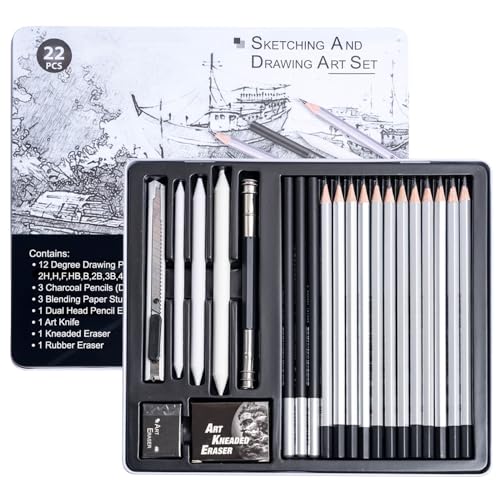 Drawing Sketching Pencil Set, 22 PCS Graphite and Charcoal Pencils with Blending Stumps, Erasers, Art Knife & Pencil Extender in Metal Box, Artist Sketching Supplies for Drawing & Shading (22 Pcs) - style: 22 Pcs