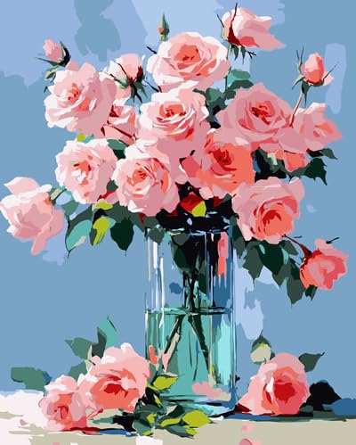 Flowers Paint by Numbers Kit for Adults, Floral in Glass Vase, 16x20 Inch | Paint by Numbers Kit for Adults, Pink Roses in Glass Vase, Pre-Printed Canvas, 16x20 Inch, Floral Still Life - color: B2-Flower