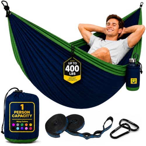 Durable Hammock 400 lb Capacity, Nylon Camping Hammock Chair - Double or Single Sizes w/Tree Straps and Attached Carry Bag - for Travel/Backpacking/Beach/Backyard (Medium, Dark Blue & Forest Green) - color: Dark Blue & Forest Green, size: Medium