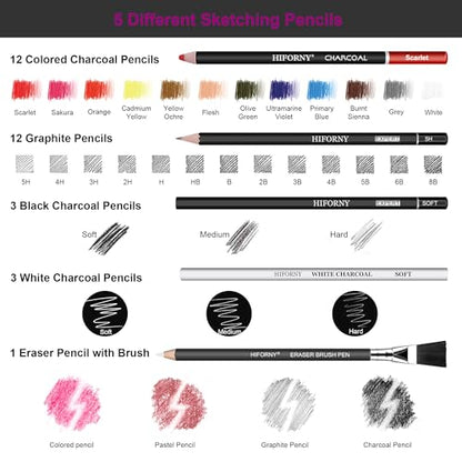 HIFORNY 76 PCS Drawing Set Sketching Kit,Sketch Pencils Art Supplies with Graphite,Charcoal,Blending Tools & Accessories,Portable Zippered Travel Case for Artists & Beginners