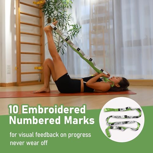 Stretch Bands for Exercise, Non Elastic Yoga Stretching Strap with Loops, 3.8cm x 2.45m, Stretching Bands for Physical Therapy, Yoga, Pilates, Dance, Gymnastics Exercise - color: Green