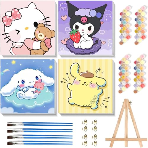 4 Pack Cartoon Paint by Numbers Kit for Kids with Frame Wooden Easel | Cute Kids Paint by Numbers Ages 4 8 12, DIY Acrylic Oil Painting for Home Wall Decor (8x8 inch) - color: BKH1623-BKH1626