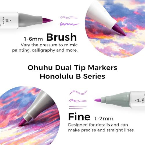 Ohuhu Alcohol Markers 104 Colors Brush& Fine for Artist Adult Cozy Coloring | AP Certified Refillable Art Marker Set, Dual Tips Alcohol-based for Beginners Drawing Illustration Sketching, Honolulu B - style: Brush & Fine