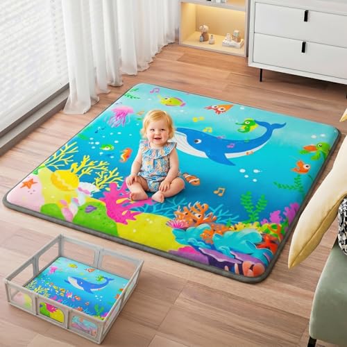 1.3" Thick Baby Play Mat for Floor, Elasti-Foam 50x50 Playpen Mat, Water Repellent Ultra Soft Coral Velvet Tummy Time Crawling Mats for Kid Toddlers Infants, Non-Slip Backing Safe for Crawling Ocean - color: Ocean Friends, size: 50" x 50"