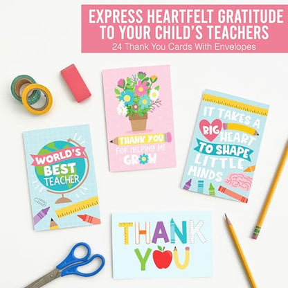 24 Teacher Thank You Cards with Envelopes Teacher Appreciation Cards Bulk - style: Pastel Crayons