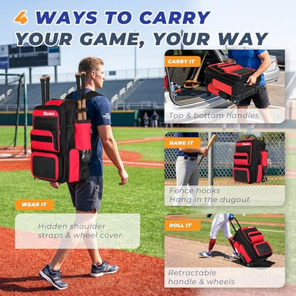 Rolling Baseball Bag with Wheels, 70L Baseball Backpack - color: Red