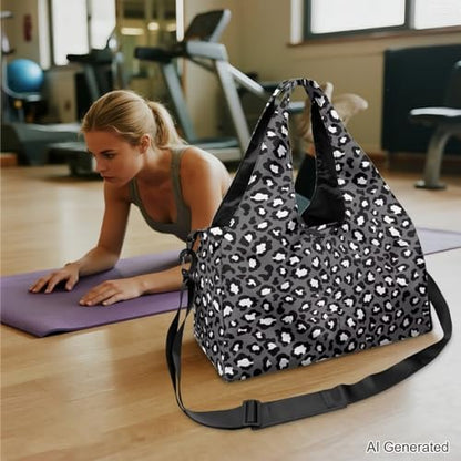 Black Leopard Print Gym Bag Women Hygienic Yoga Mat Bag with Double Zipper Sports Bags with Yoga Mat Holder & Shoe Compartments, Sports Bags for Exercises - color: Black Leopard Print